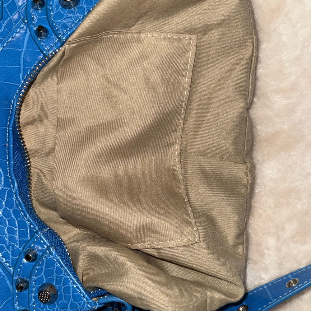 Y2K Grunge Electric Blue Studded Croc Shoulder Bag Attached Heart Mirror Wallet - Picture 14 of 16